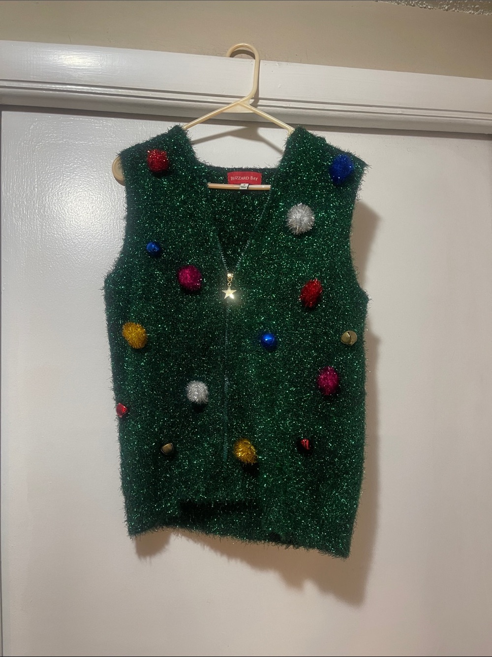 Green Fuzzy Pom-Pom Holiday Vest blizzard bay  size small